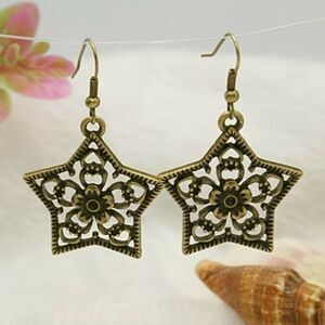 Antiqued Brass Pewter Steampunk Victorian Filigree Star Flower Dangle Earrings